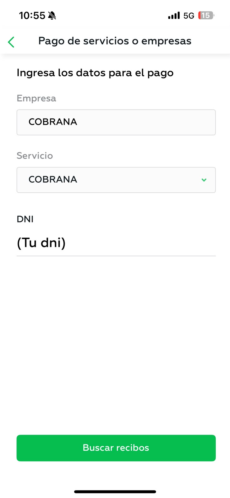 App del BCP en Pago de servicios con COBRANA seleccionado como empresa